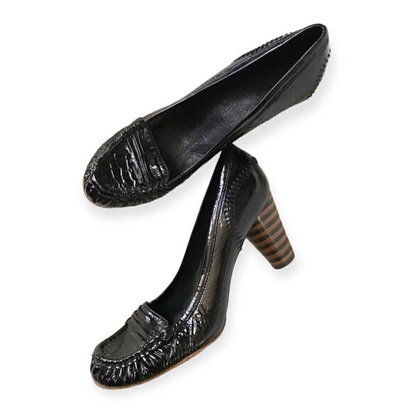 Georgina Goodman black crinkled patent loafer pumps,  38EU with round stripe hee - Picture 11 of 12